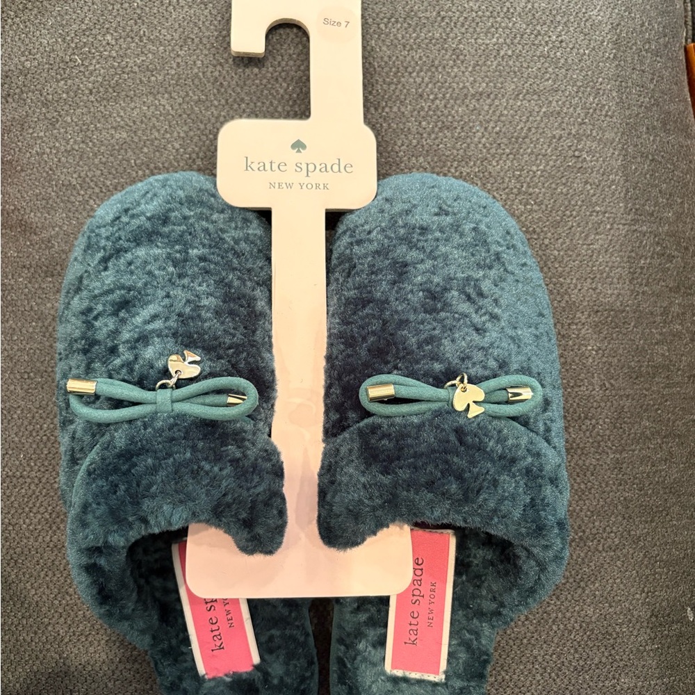 Kate Spade Teal Fuzzy Slippers with Bow